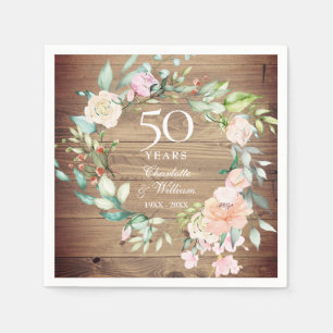  50th Wedding Anniversary Rustic Wood Rose Floral Napkin