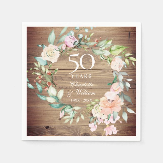  50th Wedding Anniversary Rustic Wood Rose Floral Napkin (Front)