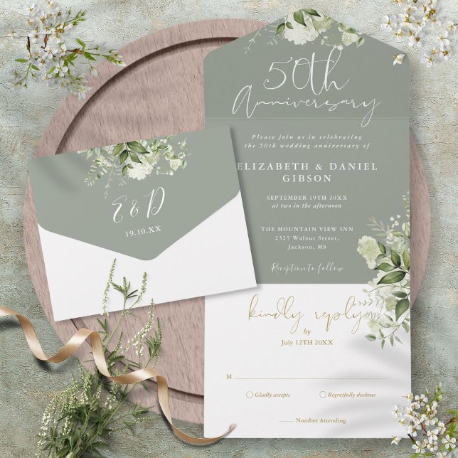 50th Wedding Anniversary Sage Green Floral All In One Invitation (50th Wedding Anniversary Sage Green Floral All In One Invitation)