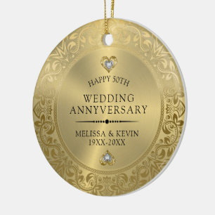 50th Wedding Anniversary Shiny Floral gold Frame Ceramic Tree Decoration