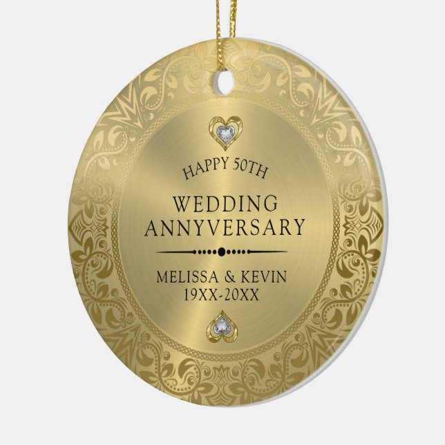 50th Wedding Anniversary Shiny Floral gold Frame Ceramic Tree Decoration (Left)