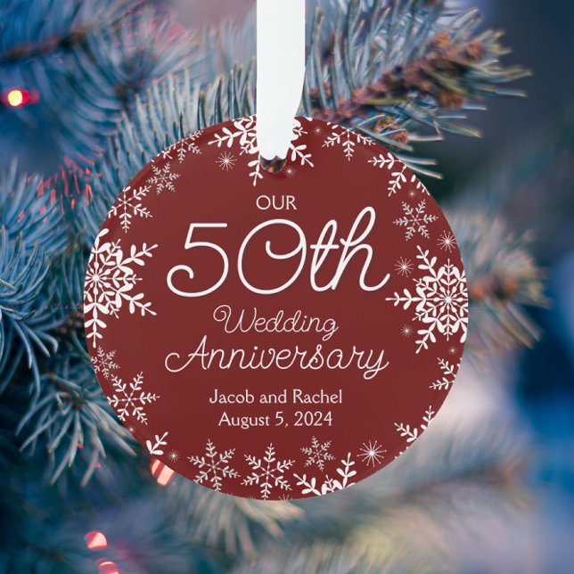50th Wedding Anniversary Snowflakes Dark Red Ornament (Creator Uploaded)