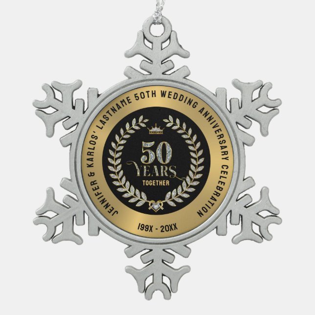 50th wedding Anniversary Sparkling Laurel Wreath Snowflake Pewter Christmas Ornament (Front)