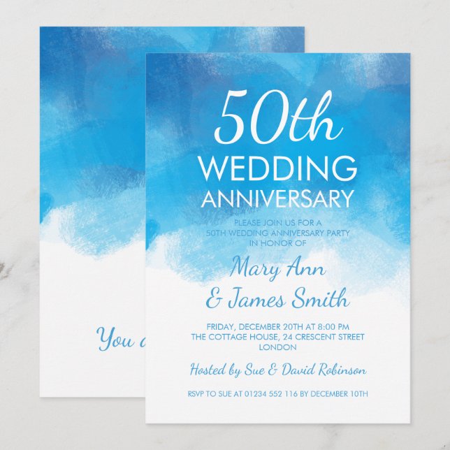 50th Wedding Anniversary Summer Blue Watercolor Invitation (Front/Back)