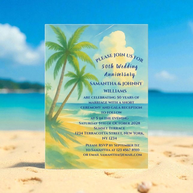 50th Wedding Anniversary Tropical Beach Coastal Invitation (Creator Uploaded)