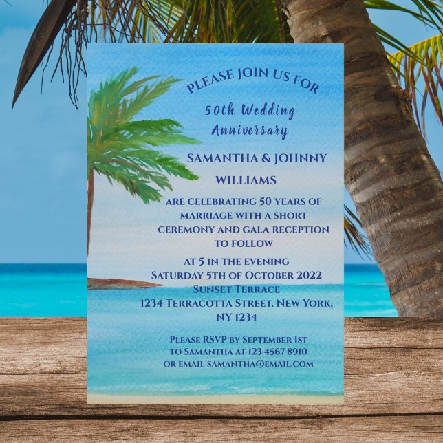 50th Wedding Anniversary Tropical Beach Coastal Invitation (Creator Uploaded)