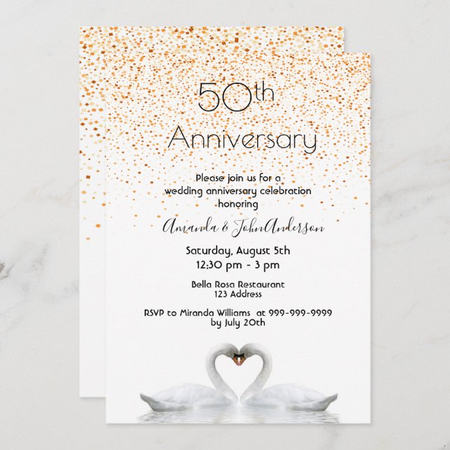 50th wedding anniversary two swans in love white invitation (Front/Back)