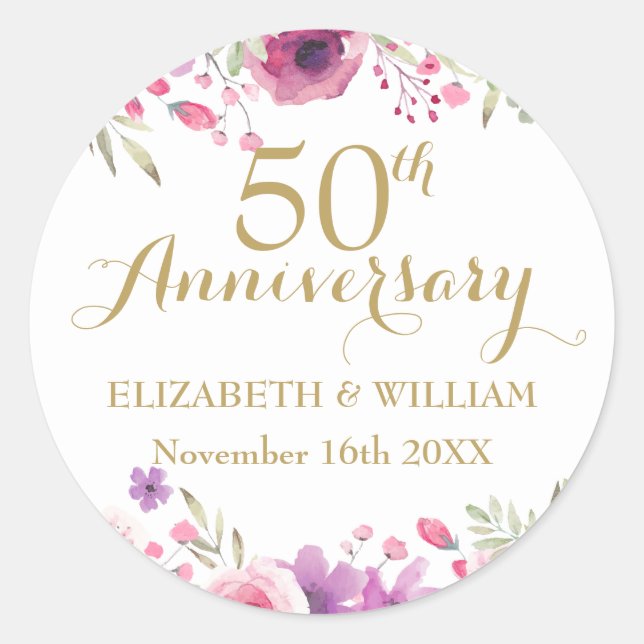 50th Wedding Anniversary Watercolor Floral Classic Round Sticker (Front)