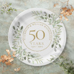 50th Wedding Anniversary Watercolor Greenery Paper Plate<br><div class="desc">Featuring delicate soft watercolor leaves,  this chic botanical 50th wedding anniversary paper plate can be personalised with your special anniversary information in elegant gold text. Designed by Thisisnotme©</div>