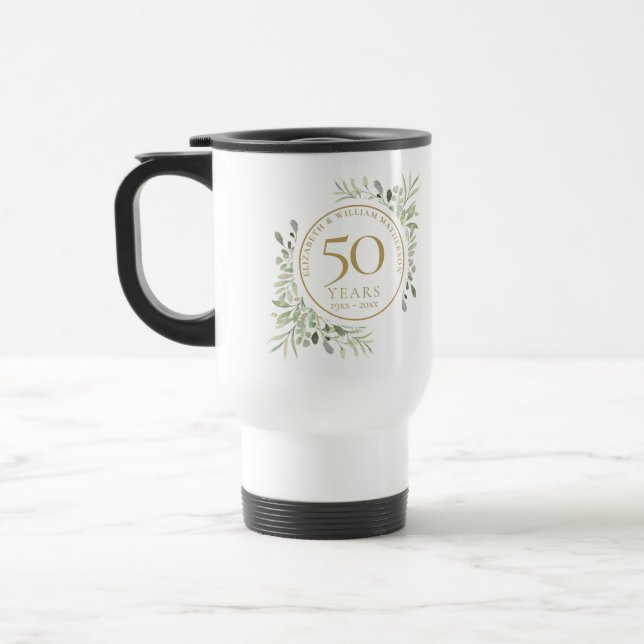 50th Wedding Anniversary Watercolor Leaves  Travel Mug (Left)