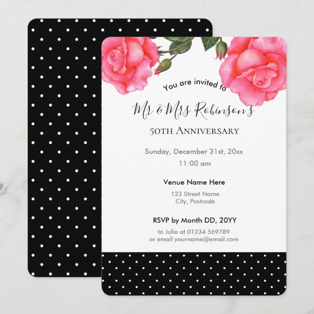 50th Wedding Anniversary Watercolor Pink Rose Invitation (Front/Back)