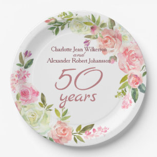 50th Wedding Anniversary Watercolor Roses Paper Plate