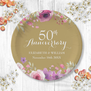 50th Wedding Anniversary Watercolor Roses Paper Plate