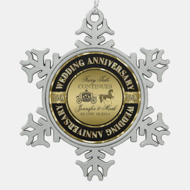 50th Wedding Anniversary-Wedding Horse & Carriage Snowflake Pewter Christmas Ornament (Front)