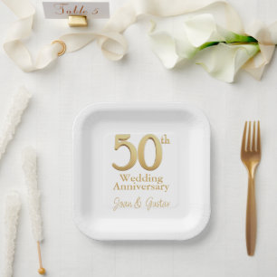 50th Wedding Anniversary   White and Gold Paper Plate