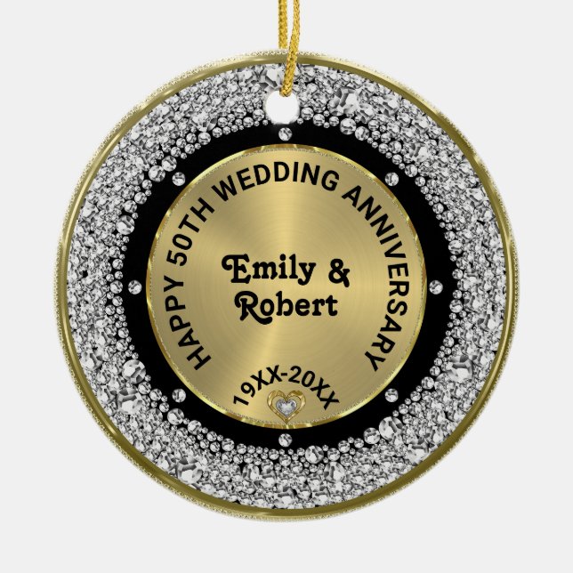 50th wedding Anniversary white diamonds & gold Ceramic Tree Decoration (Front)