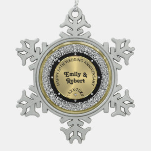 50th wedding Anniversary white diamonds & gold Snowflake Pewter Christmas Ornament