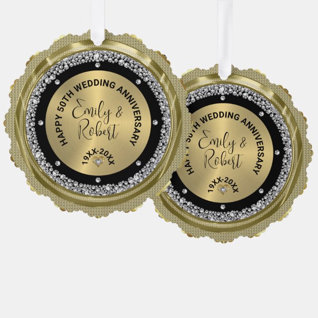 50th wedding Anniversary white diamonds & gold Tree Decoration Card (Front/Back)