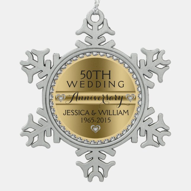 50th Wedding Anniversary White Diamonds & Silver Snowflake Pewter Christmas Ornament (Front)