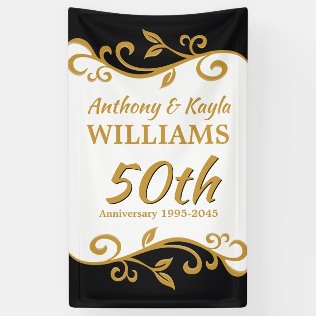 50th Wedding Anniversary White Gold Black Flourish Banner (Vertical)