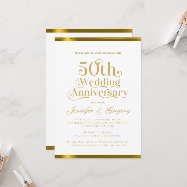 50th Wedding Anniversary White Gold Typography Invitation (Front/Back In Situ)