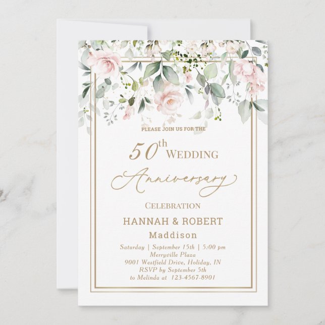 50th Wedding Anniversary White Pink Roses Invite (Front)