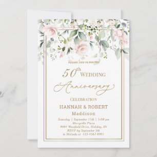 50th Wedding Anniversary White Pink Roses Invite