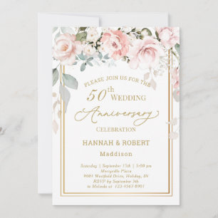 50th Wedding Anniversary White Pink Roses Invite