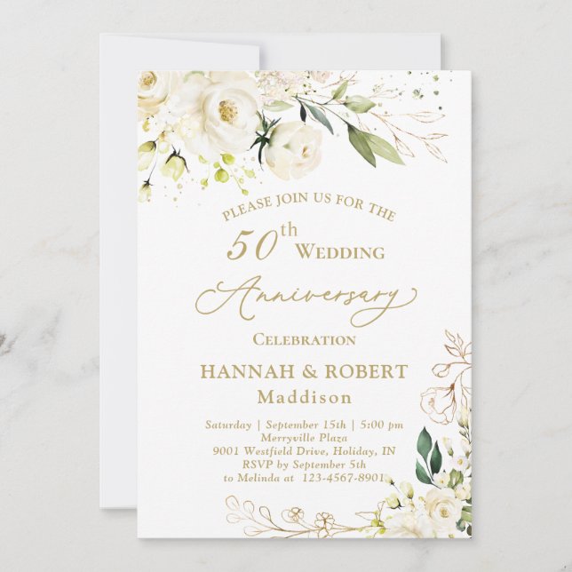 50th Wedding Anniversary White Roses Foliage Invitation (Front)