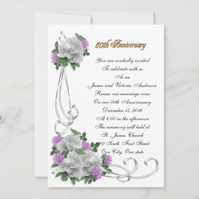 50th Wedding anniversary White roses invitation (Front)