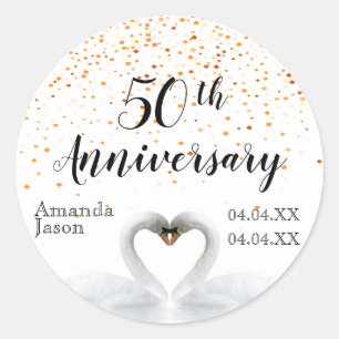 50th wedding anniversary white swans gold confetti classic round sticker