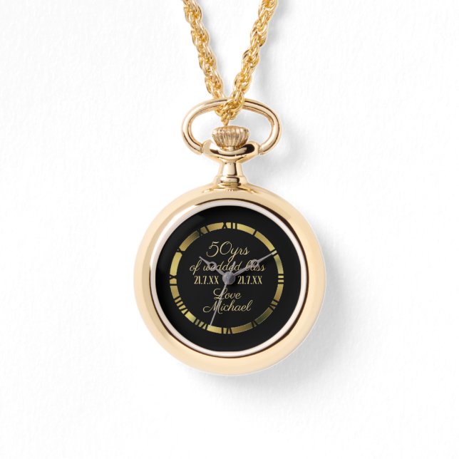 50th Wedding Anniversary Wife Golden Roman Numeral Watch (Front)