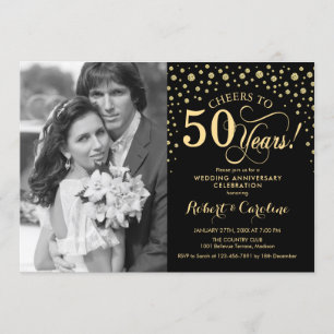 50th Wedding Anniversary with Photo - Gold Black Invitation