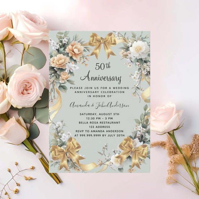 50th wedding anniversary yellow florals gold bow invitation (Creator Uploaded)