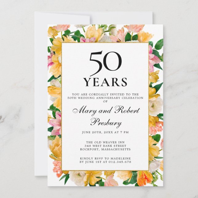 50th Wedding Anniversary Yellow Pink Floral Invitation (Front)