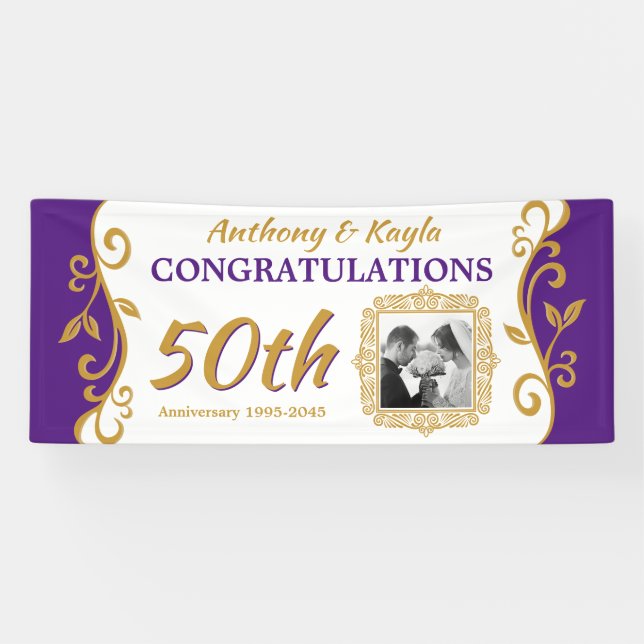 50th Wedding Anniversary Your Photo Purple Gold Banner (Horizontal)