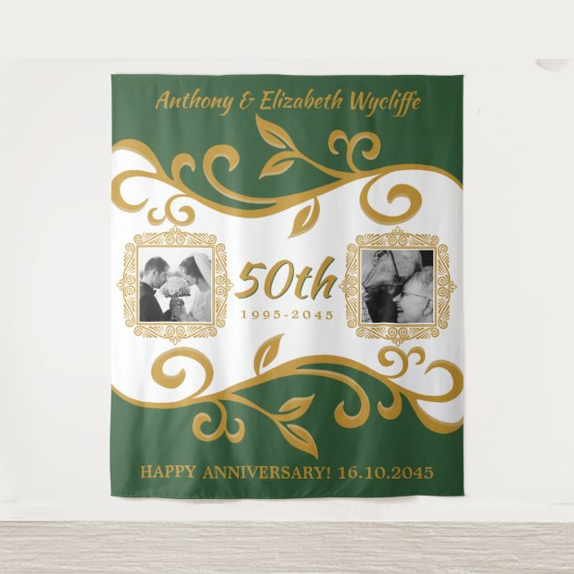 50th Wedding Anniversary Your Photos Green Gold Tapestry (Front)
