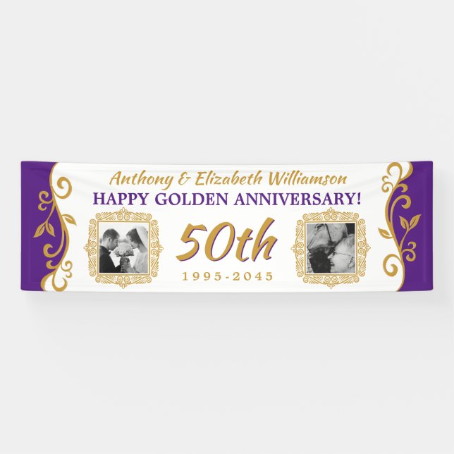 50th Wedding Anniversary Your Photos Purple Gold Banner (Horizontal)