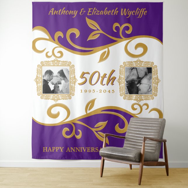 50th Wedding Anniversary Your Photos Purple Gold Tapestry (In Situ)