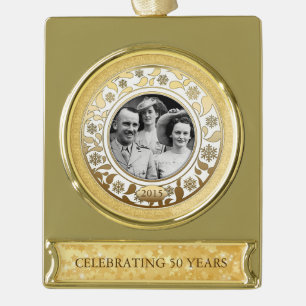 50th Wedding Golden Anniversary Photo Template 2 Gold Plated Banner Ornament