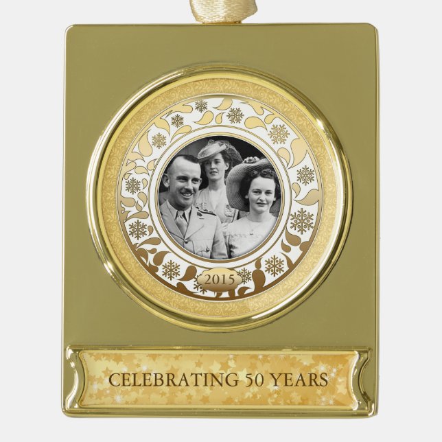 50th Wedding Golden Anniversary Photo Template 2 Gold Plated Banner Ornament (Front)