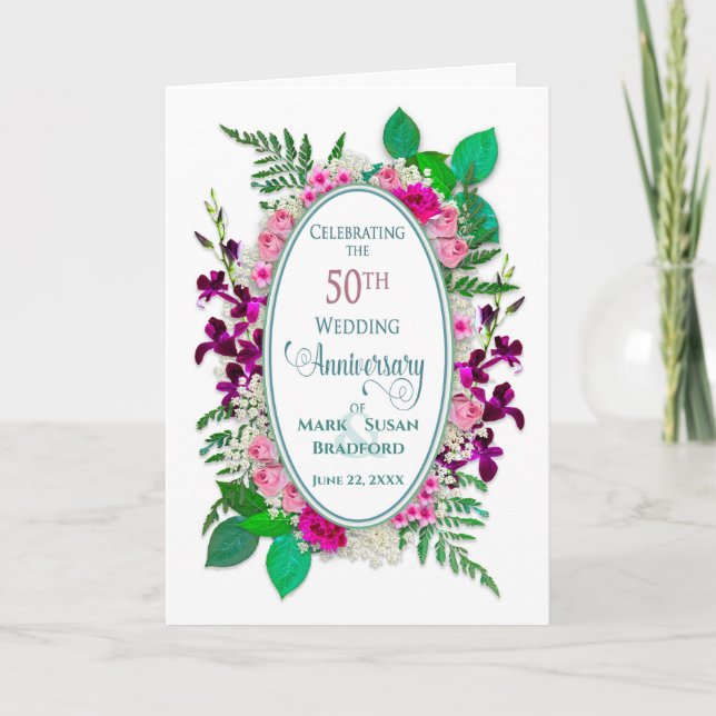 50th Weding Anniversay, Oval,  Cottage Flowers Card (Front)