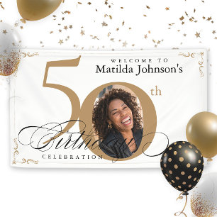 50th White Gold Elegant Calligraphy Photo Birthday Banner