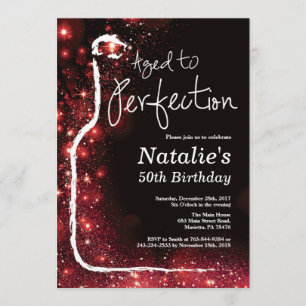 50th Wine Birthday Aged to Perfection Red Glitter Invitation