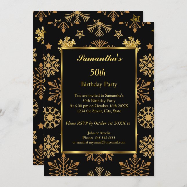 50th Winter Birthday Party Gold Black  Invitation (Front/Back)