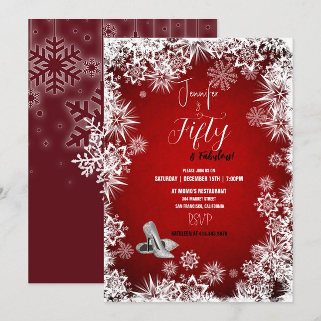 50th Winter Birthday Party Red Snowflakes  Invitation (Front/Back)