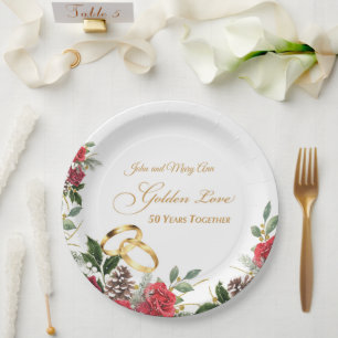 50th Winter Wedding Anniversary Red Roses & Rings Paper Plate