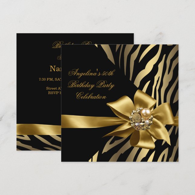 50th Zebra Old Gold Cream Black Birthday Party Invitation (Front/Back)