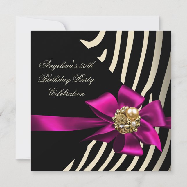 50th Zebra Pink Gold Cream Black Birthday Party Invitation (Front)