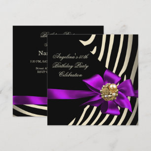 50th Zebra Purple Gold Cream Black Birthday Party Invitation